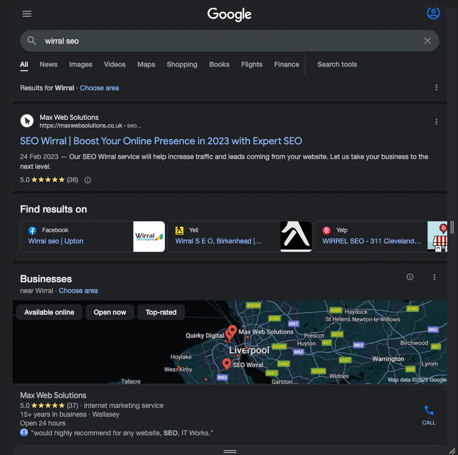 Example of local SEO search result using term Wirral SEO